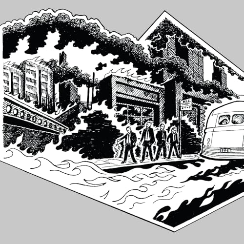 Black and white illustration of a city street with people and a van.