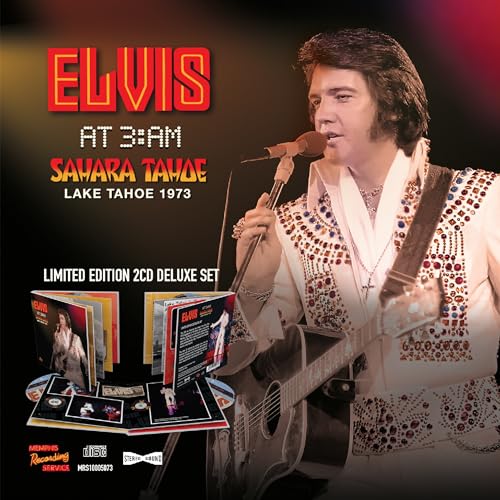 Elvis Presley performing with a guitar, album cover with book and CD details.