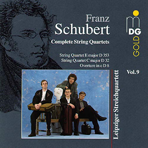 CD cover for Schubert’s string quartets featuring a portrait and musicians.