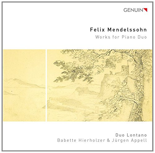 CD cover for Mendelssohn piano duo works, featuring sketched landscape.