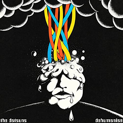 Album cover for The Datsuns’ “Dehumanise” featuring a distorted face and colorful lines.