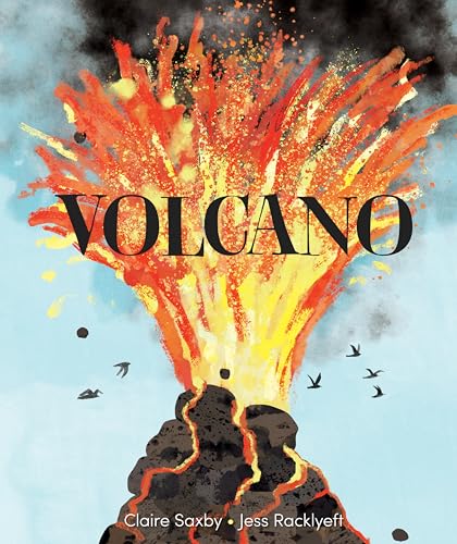 An illustrated book cover shows a volcano erupting with bright orange and yellow lava.