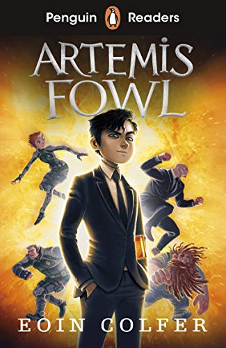 Book cover featuring Artemis Fowl and other characters against a bright orange background.