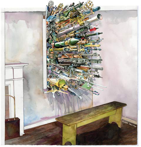 Painting of weapons bursting through a doorway into a room.