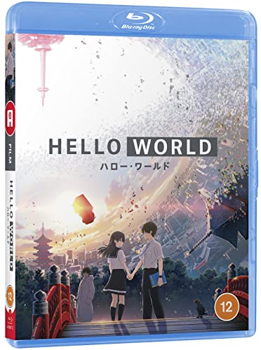 Hello World" Blu-ray case featuring anime artwork of a cityscape and couple.