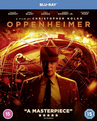 Oppenheimer Blu-ray cover featuring a man in a hat before a complex mechanical device.