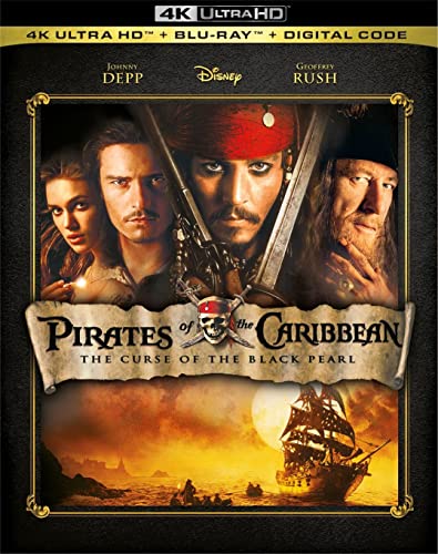 Pirates of the Caribbean Blu-ray cover featuring Johnny Depp, Keira Knightley, and Geoffrey Rush.