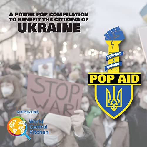 CD cover for “Pop Aid” benefit compilation, featuring a raised fist and Ukrainian flag.