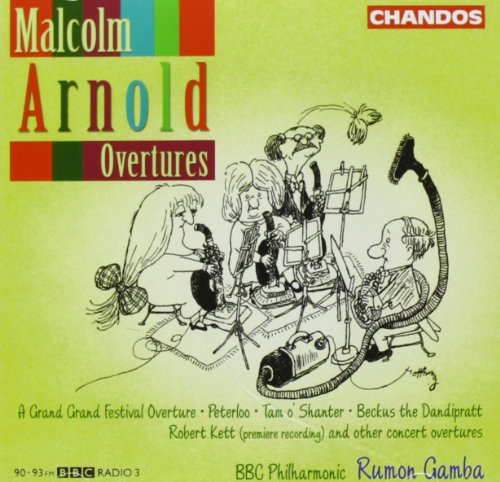 CD cover: cartoon orchestra with "Arnold Overtures" title and Chandos logo.