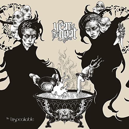 Dark illustration of figures around a cauldron with a goat head.