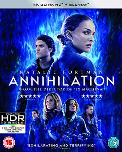 Annihilation" Blu-ray cover featuring Natalie Portman and a team in a blue, distorted landscape.
