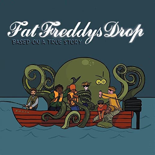 Album cover: cartoon of people in a boat with a large octopus.