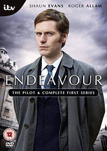 DVD cover for Endeavour featuring Shaun Evans against a backdrop of historic architecture.