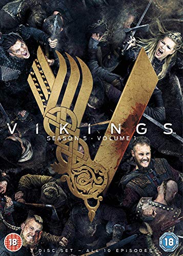 Vikings Season 5 Part 1 DVD cover with warriors and Norse symbol.