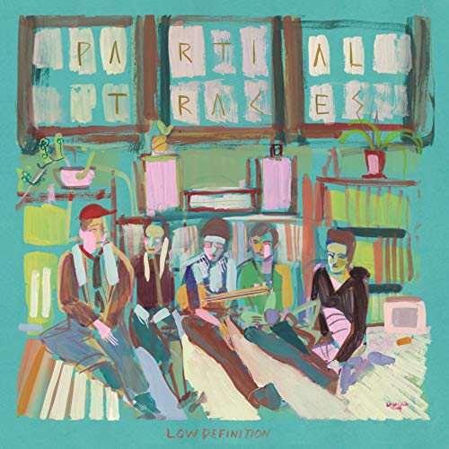 Painted album cover with figures seated in a room, text on window panes.
