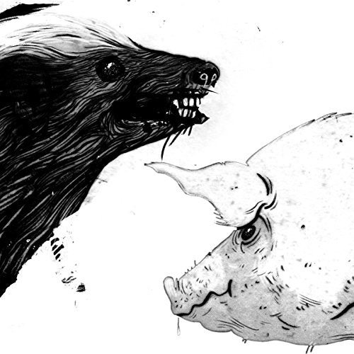Black and white illustration of a honey badger facing a pig.