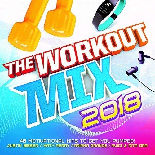 CD cover for “The Workout Mix 2018” featuring dumbbells and fitness tracker.