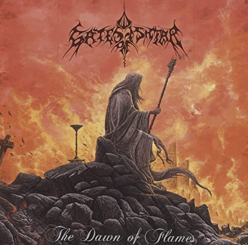 Album cover: hooded figure with staff amid fiery, rocky landscape.