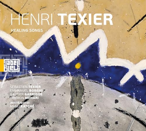 CD cover for Henri Texier’s “Healing Songs” with abstract blue and gold art.
