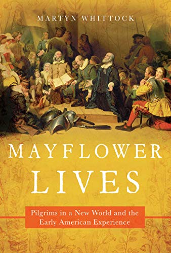 Book cover depicting Pilgrims gathered around a table with the Mayflower in background.