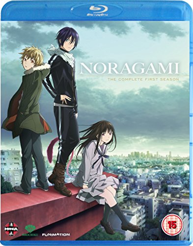 Blu-ray cover for "Noragami" featuring three anime characters on a rooftop.
