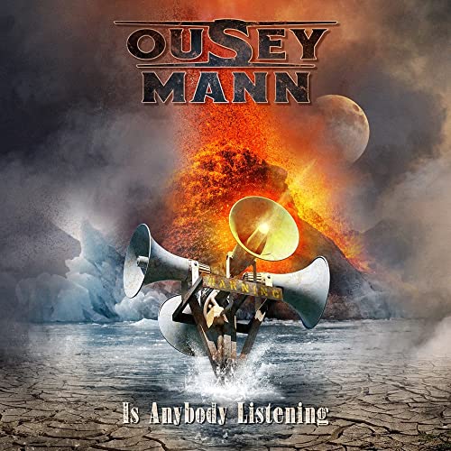 CD cover: surreal landscape with a gramophone and fiery explosion.