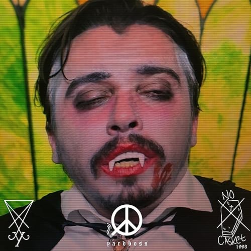 Album cover: man with vampire teeth, distorted effects, and peace sign.