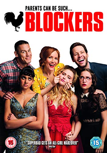 DVD cover for "Blockers" featuring six people smiling and a red rooster.