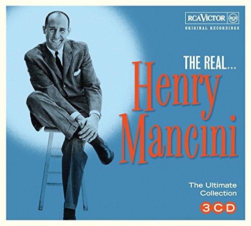 Henry Mancini sits on a stool on this blue-toned 3-CD collection album cover.