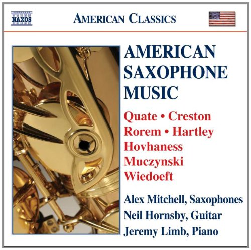 CD cover featuring a golden saxophone, text listing composers and musicians.