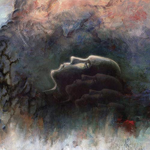 Abstract painting of a face merging with dark, textured shapes.