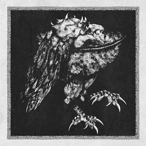 Black and white illustration of a monstrous bird-like creature’s head.