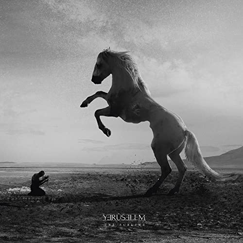 Black and white photo of a rearing white horse and a kneeling photographer.
