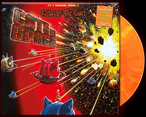 “Cats In Space” album cover with cats in spaceships, yellow vinyl record.