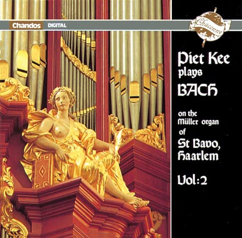 CD cover featuring a gilded statue before organ pipes, text credits Piet Kee playing Bach.