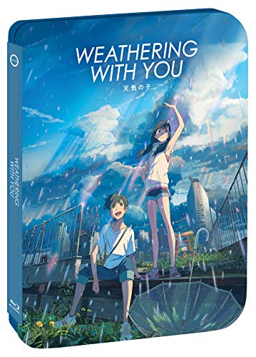 Steelbook Blu-ray case for “Weathering With You” featuring anime characters in rain.