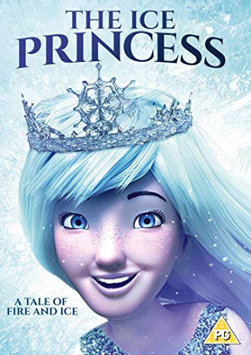 A smiling cartoon princess with blue hair and a crown on a snowy background.