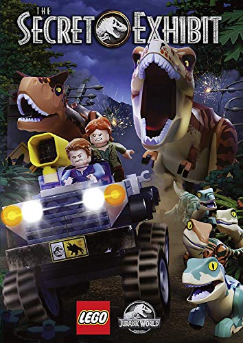 Lego dinosaur characters and children in a vehicle on a Jurassic World DVD cover.