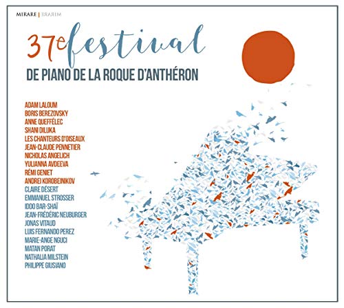 CD cover: blue piano illustration with birds, orange sun, and festival text.
