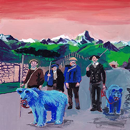 Painted album cover featuring people, bears, mountains, and a vibrant red sky.