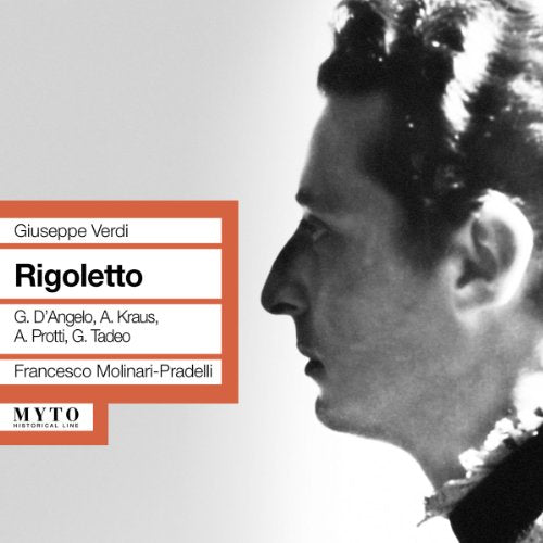 CD cover for Verdi’s “Rigoletto” featuring a black and white portrait.