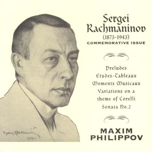 CD cover featuring a sketched portrait of composer Sergei Rachmaninoff.