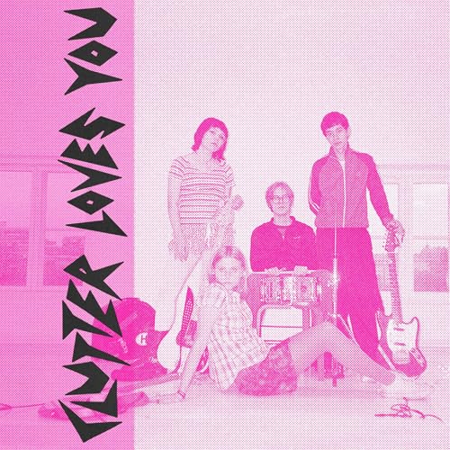 Album cover for Clutter’s “Loves You” EP, featuring a band portrait in pink.