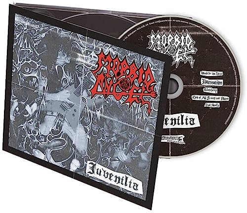 Morbid Angel "Juvenilia" CD case and disc with dark, chaotic artwork.