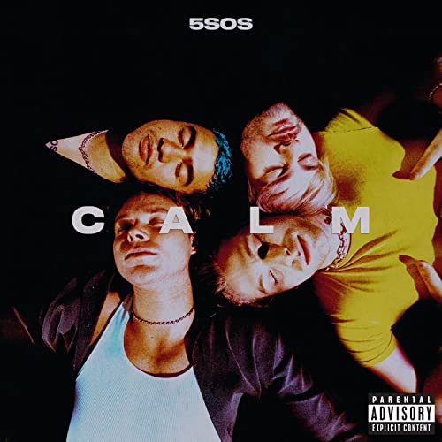 Four men looking down with calm album title and parental advisory warning on black background.