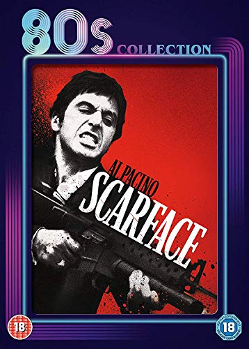 Scarface DVD cover featuring Al Pacino with a gun, red background.