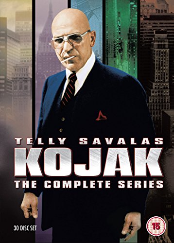 Telly Savalas as Kojak wearing a suit and glasses against a city skyline background.
