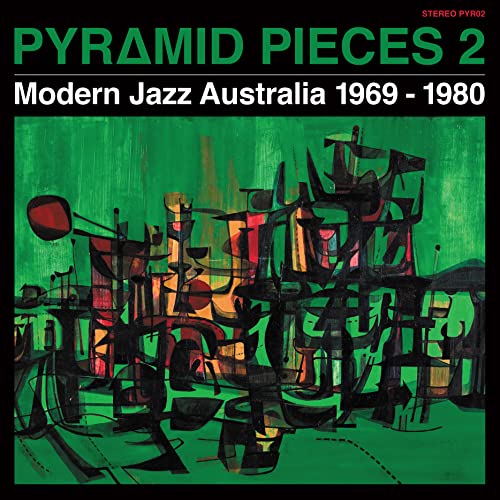 Vinyl record cover: abstract geometric shapes in green, red, and black.