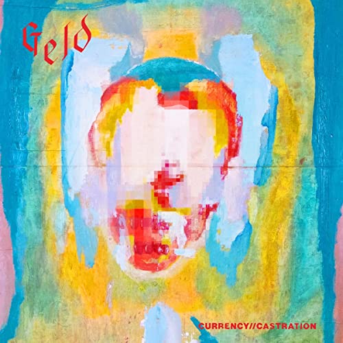 Abstract painting of a face in red, yellow, and blue tones.