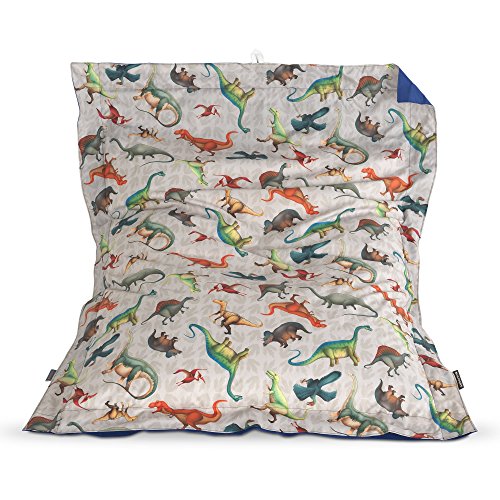 Beanbag chair covered in a repeating pattern of colorful dinosaur illustrations.